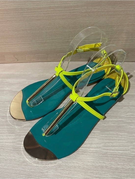 Qupid Shoes - Qupid Neon Yellow and Teal Strappy Flat Sandals